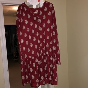 Maroon long sleeved blouse dress w/ paisley print